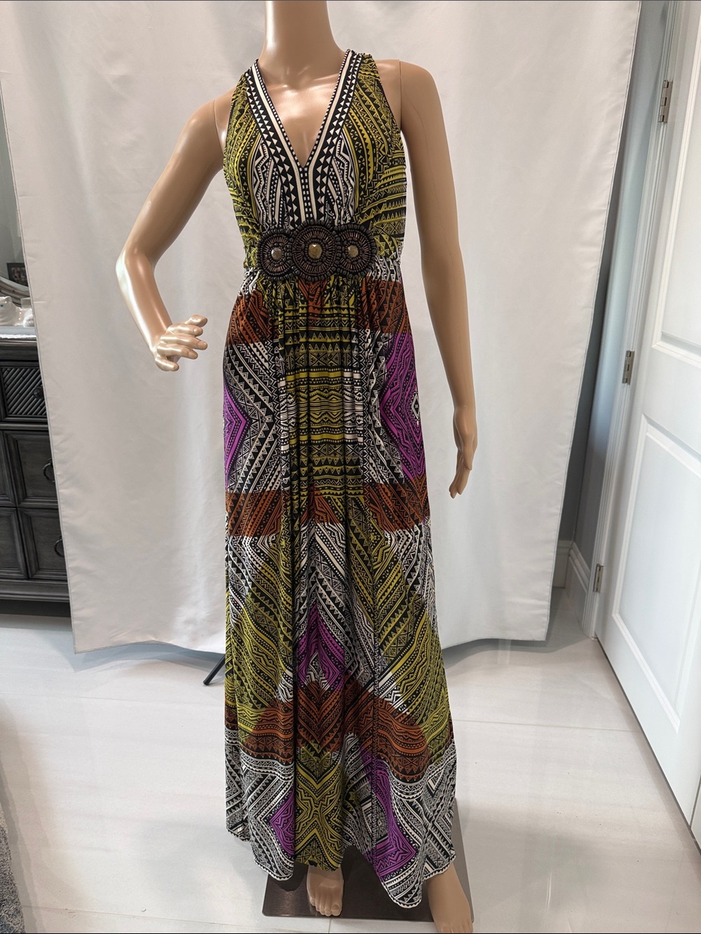Eci New York Maxi Slip Dress Bohemian Y2K Black/Yellow Size 6